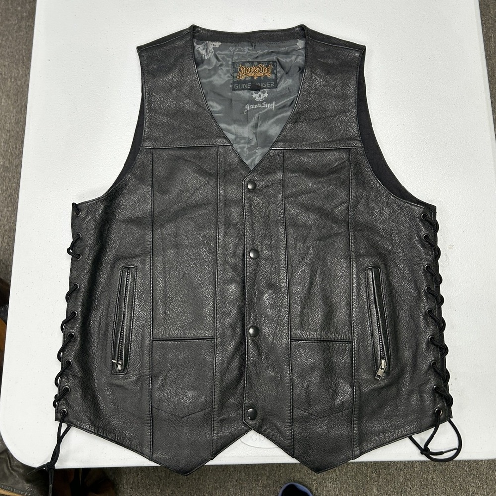 Street & Steel Gunslinger Vest Mens L Black Leather Side Lace Skull Lining F3
